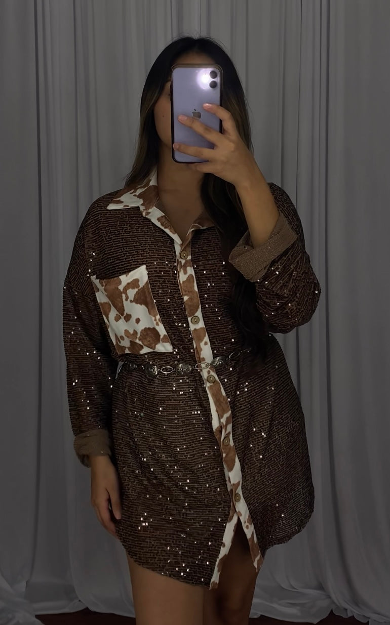 Cow Print Oversized Top Brown